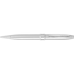 A pen featuring a sleek chrome design with a polished surface and branding detail.