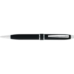 A sleek satin black pen with chrome accents and a branded clip.