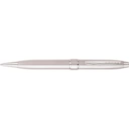 A silver satin chrome ballpoint pen with a sleek design and a logo on the barrel.