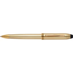 A gold-filled ballpoint pen with a textured barrel and black tip, featuring a branding logo.