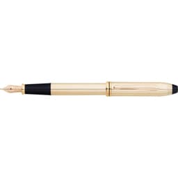 A fountain pen with a gold-filled body and black accents, featuring a pointed nib and a branded logo.