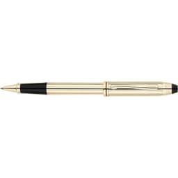 A gold-filled rollerball pen with a black grip and a logo. Features a sleek, elegant design and polished finish.