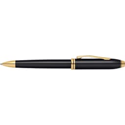 A black lacquer pen with 23ct gold plating, featuring a smooth design and a logo on the barrel.