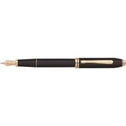 A black lacquer fountain pen with 23ct gold plating and a clip, featuring a sleek design.