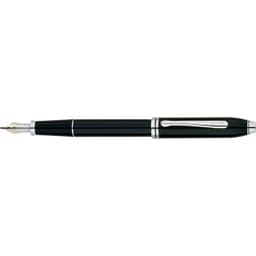 A fountain pen in black lacquer with silver accents, featuring a brand logo.