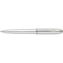 A silver pen with a lustrous chrome finish, featuring a clip and branding detail.