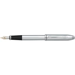 A fountain pen in lustrous chrome with a black grip and a fine nib, featuring a logo on its side.