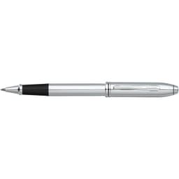 A rollerball pen in lustrous chrome with black accents. The pen features a sleek design and includes branding.