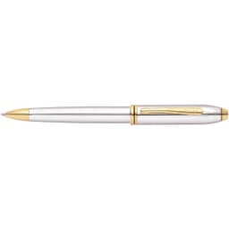 A chrome pen with gold accents and a clip, featuring a sleek and elegant design. It has a logo on the body.