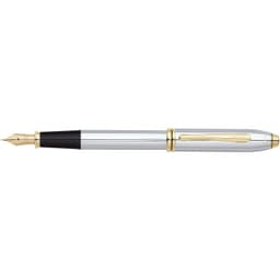A fountain pen with a chrome barrel, black grip, and gold accents. It features a clip and has branding on it.