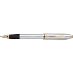 A pen featuring a chrome barrel with gold accents and a black grip, along with a branding logo.