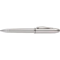 A silver, platinum plated pen with a textured finish and a clip. It features a logo on its body.