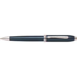 A blue lacquer ballpoint pen with silver accents and a textured finish, featuring a branding logo.