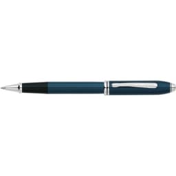 A rollerball pen in quartz blue lacquer with silver accents and a sleek design. Features a branding logo.