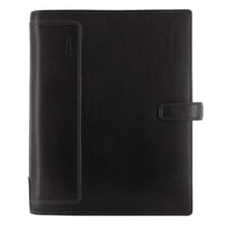 A black leather A5 organiser featuring a clasp closure and a side pocket, with a small logo on the cover.