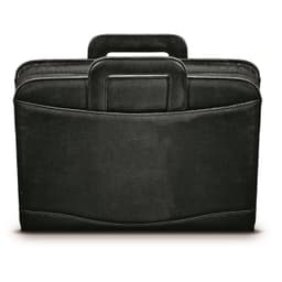 A black zippered folio with a handle, featuring a front pocket and a sleek design. It has a logo on the surface.