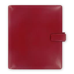 A red A5 organiser featuring a smooth surface and a secure closure. Includes a branding logo.