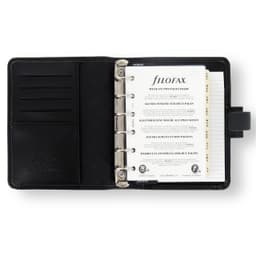 A black organiser with a ring binder mechanism, featuring slots for cards and a notepad inside.