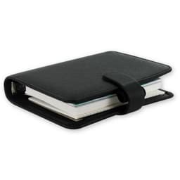 A black Saffiano pouch organiser featuring a clasp, with notepads visible inside. It has a sleek, professional design.