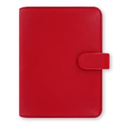 A compact organiser in poppy red with a secure closure and textured finish, featuring a logo on the front.
