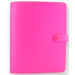 A bright fluoro pink leather organiser features a button closure and a smooth surface. It has a logo on the cover.