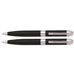 A set of black and chrome pens, featuring a sleek design and a shiny finish. Includes a logo on the pen body.