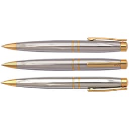 Three pens in silver and gold, featuring a sleek design with gold accents and clips, arranged in a row.