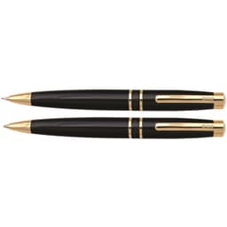 A black and gold pen set featuring a ballpoint and mechanical pencil, both with a sleek design and branding.
