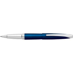 A pen featuring a translucent blue barrel and silver accents, with a logo on the side.