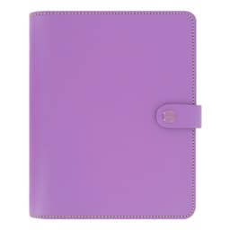 A lilac leather organiser with a clasp closure, featuring a logo on the front.