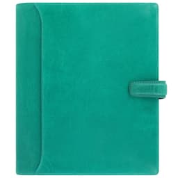 An aqua leather A5 organiser featuring a simple design and a secure closure. It includes a logo on the front.