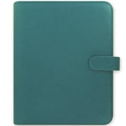 A aquamarine organiser with a smooth texture and a secure closure, featuring a logo.