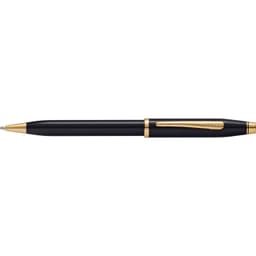 A sleek black lacquer pen with 23ct gold plated accents and a clip, featuring a logo.