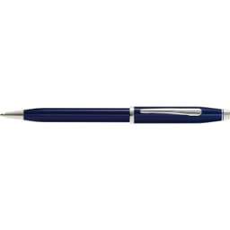 A blue lacquer ballpoint pen with a silver clip and detailing, featuring a logo.