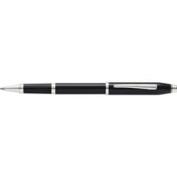 A black lacquer pen with silver accents and a shiny clip, featuring a logo on its body.