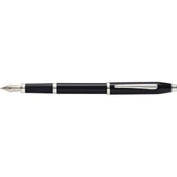 A black lacquer fountain pen with silver accents and a polished nib. It features a logo on the side.