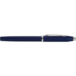 A blue lacquer pen with a silver clip and accents, featuring a sleek, elongated design and a logo.
