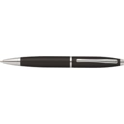 A pen in matt black with silver accents and a sleek design. The pen features a branding logo.