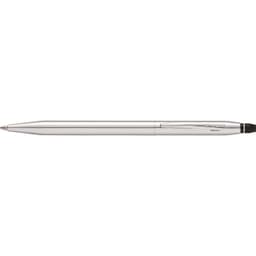 A silver pen with a sleek, chrome finish and a black tip. It features a branding logo.
