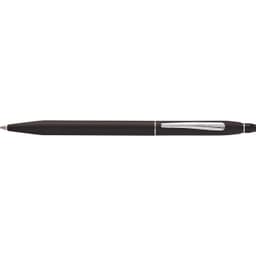 A black pen with a sleek design, featuring a silver clip and branding on the barrel.