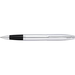 A pen with a lustrous chrome finish and a black cap. The design is sleek and elegant, featuring a brand logo.