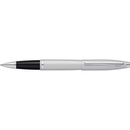 A silver and black ballpoint pen with a sleek design and a branding logo.
