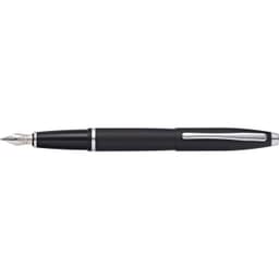A fountain pen in matte black with a silver clip and detailing, featuring a branded logo.