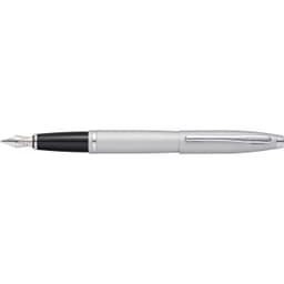 A fountain pen in satin chrome with a black grip and silver accents, featuring a clip and ornate nib.