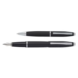 A pen set featuring a matte black ballpoint pen and a matte black fountain pen with silver accents.