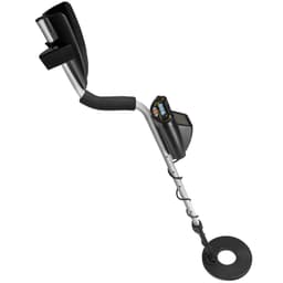A metal detector in silver and black, featuring a sturdy handle, display screen, and a circular search coil.