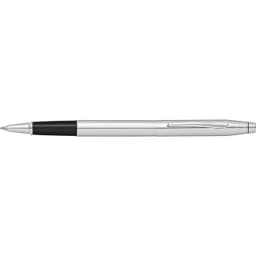 A sleek ballpoint pen in lustrous chrome with a black grip and a clip. It features a subtle branding logo.