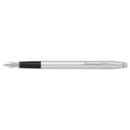 A lustrous chrome fountain pen with a black grip and detailed nib design, featuring a clip and branding.