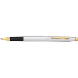 A silver and black ballpoint pen with gold accents, featuring a decorative clip and a sleek design.