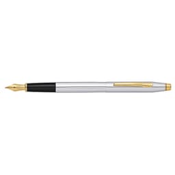A fountain pen in silver and black with a gold nib and clip, featuring a logo on the side.